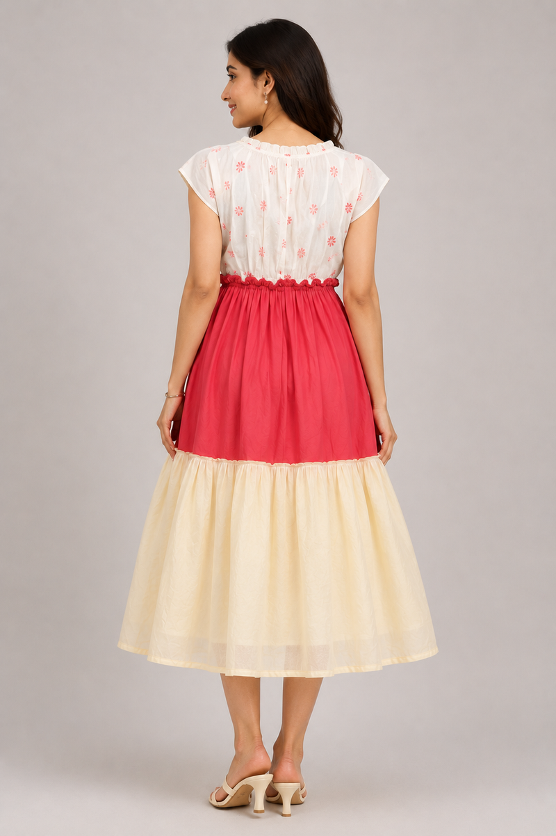 Beige Floral Smocked Waist Midi  Tie Shoulders demo
