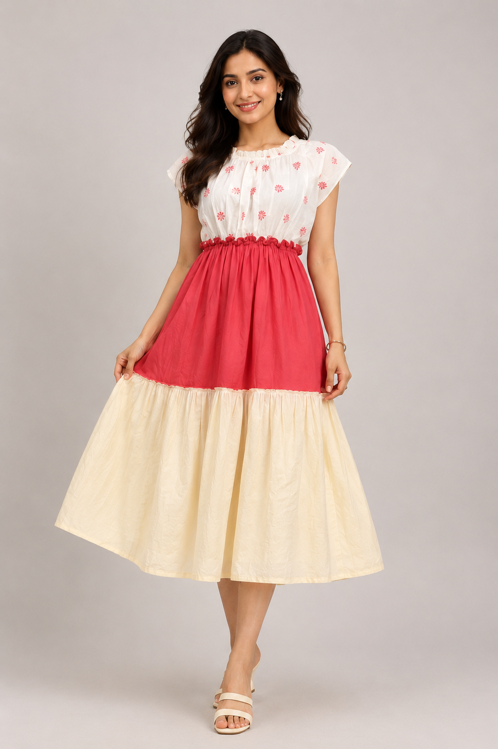 Beige Floral Smocked Waist Midi  Tie Shoulders demo