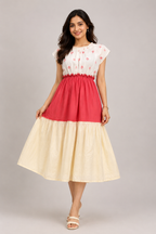 Beige Floral Smocked Waist Midi  Tie Shoulders demo