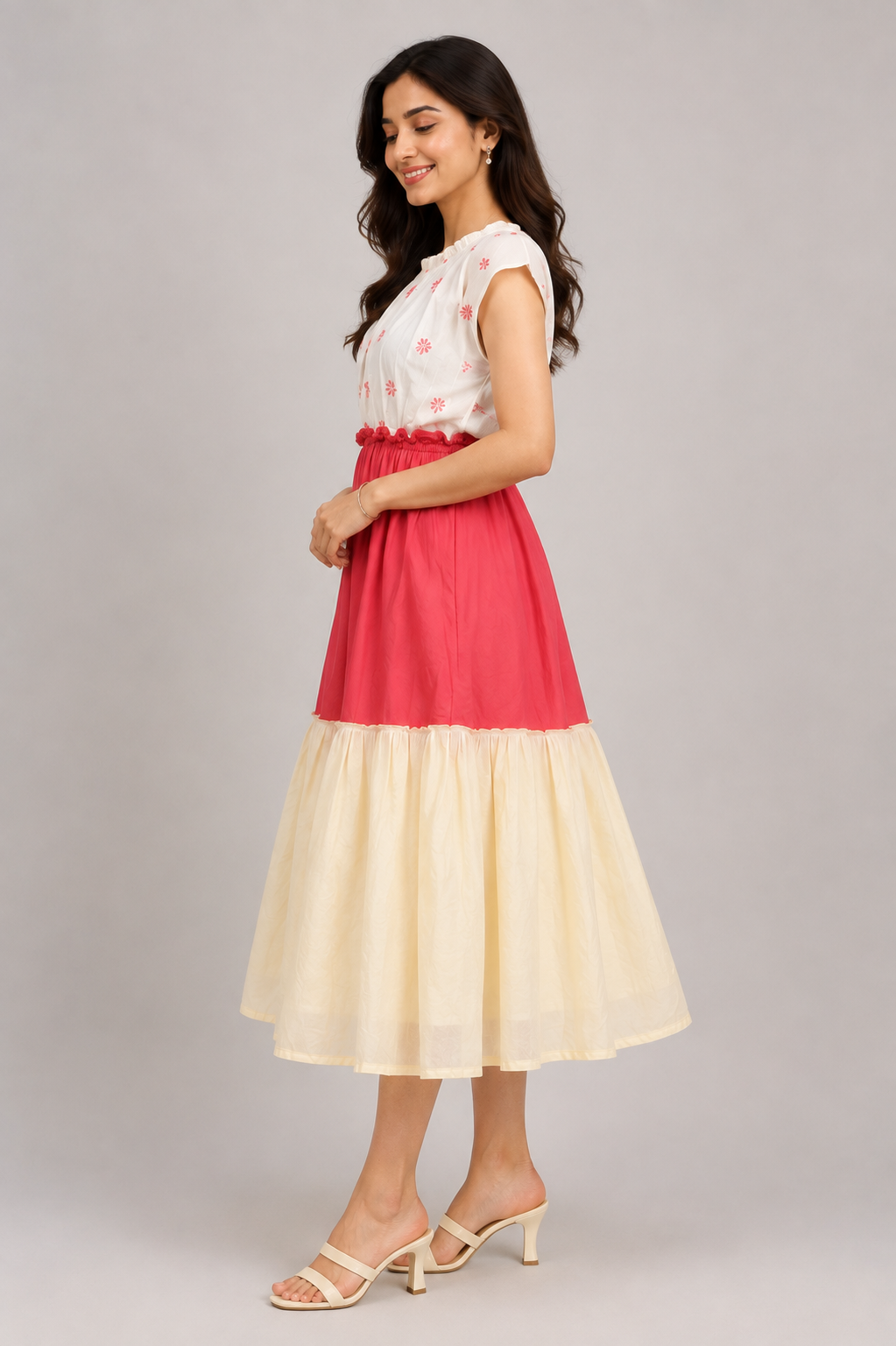 Beige Floral Smocked Waist Midi  Tie Shoulders demo