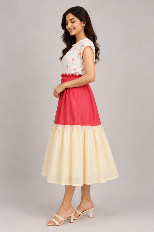 Beige Floral Smocked Waist Midi  Tie Shoulders demo