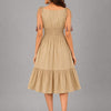 Beige Floral Smocked Waist Midi Dress with Adjustable Tie Shoulders