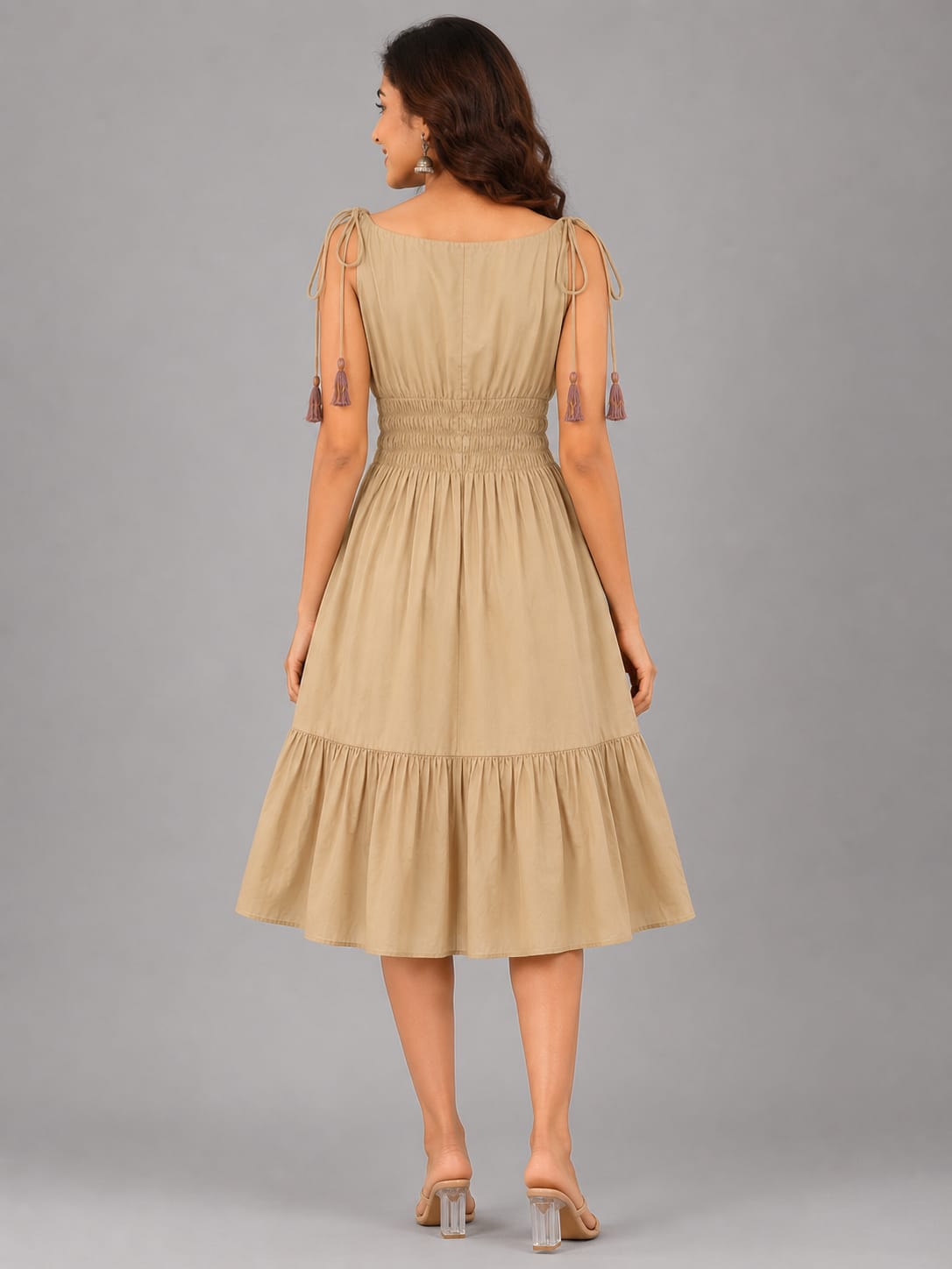 Beige Floral Smocked Waist Midi Dress with Adjustable Tie Shoulders