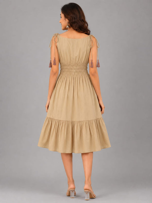 Beige Floral Smocked Waist Midi Dress with Adjustable Tie Shoulders