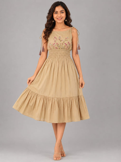 Beige Floral Smocked Waist Midi Dress with Adjustable Tie Shoulders