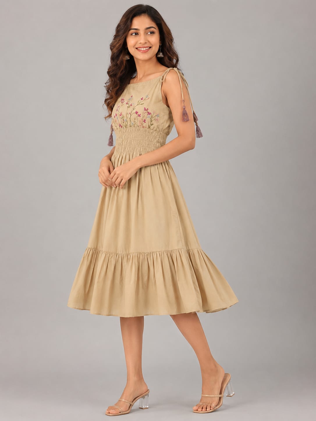 Beige Floral Smocked Waist Midi Dress with Adjustable Tie Shoulders