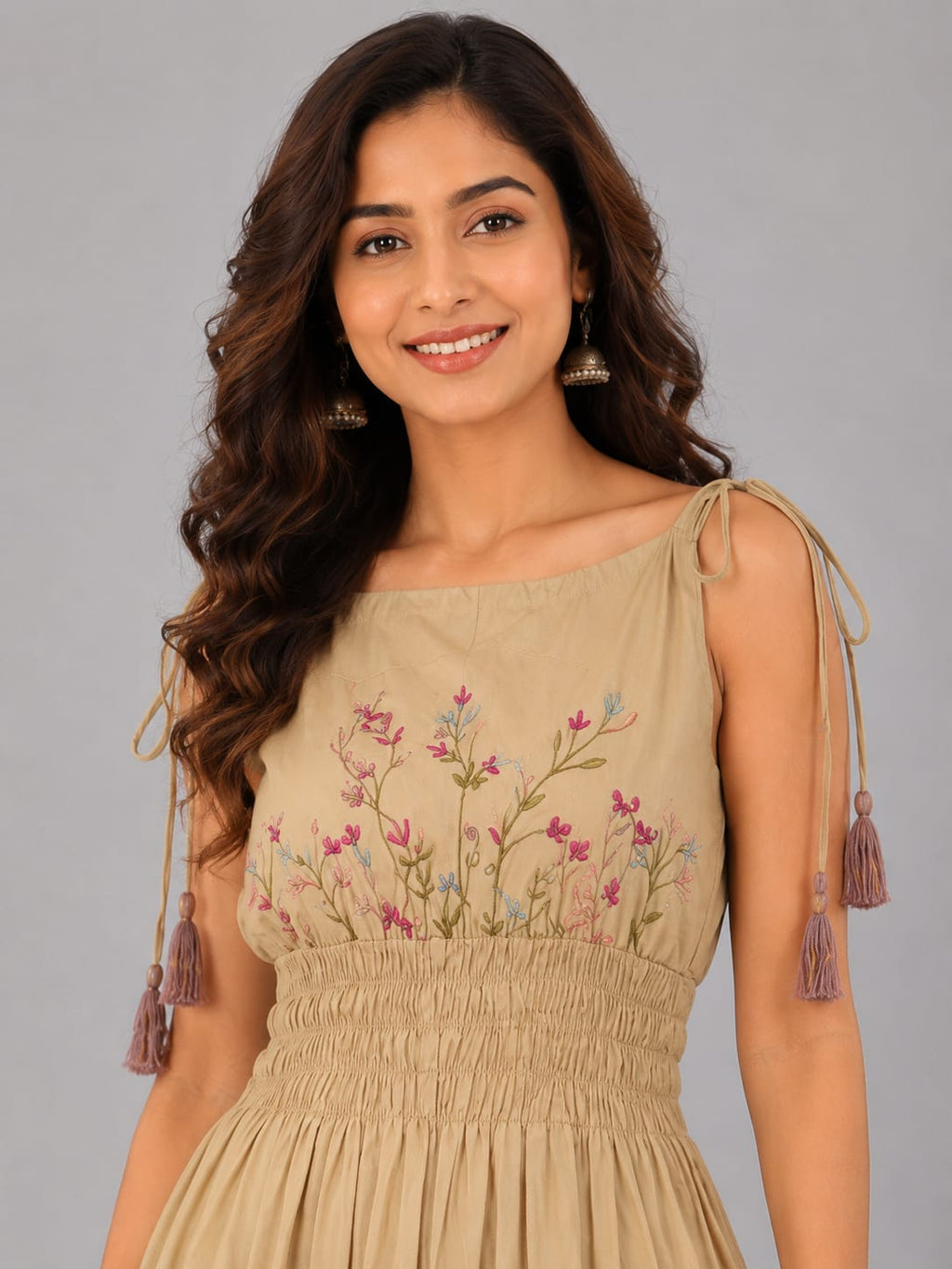 Beige Floral Smocked Waist Midi Dress with Adjustable Tie Shoulders